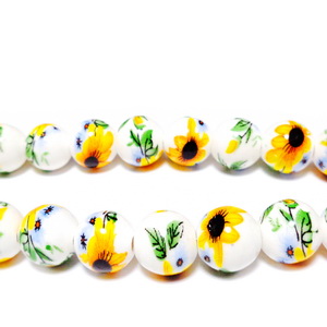 Margele portelan albe cu flori galbene, 10mm