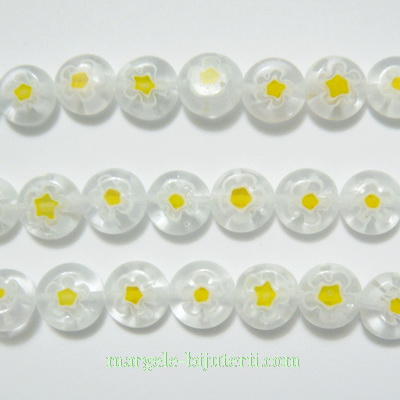 Margele millefiori, albe, plate, 10x4mm
