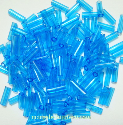 Margele tubulare, sticla Cehia, albastre, transparente, 7mm