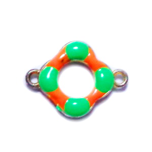 Conector/link metalic, emailat, rombic, verde cu portocaliu, 22x16mm