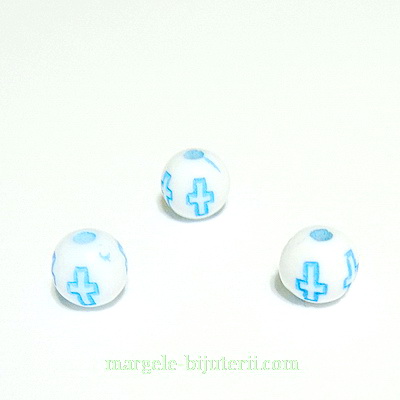 Margele plastic alb cu cruciulite bleu, 6mm