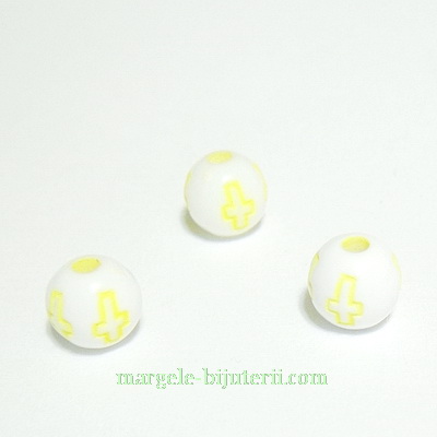 Margele plastic alb cu cruciulite galbene, 6mm