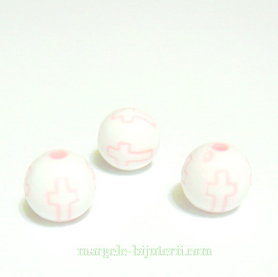 Margele plastic alb, cu cruciulite roz, 10mm