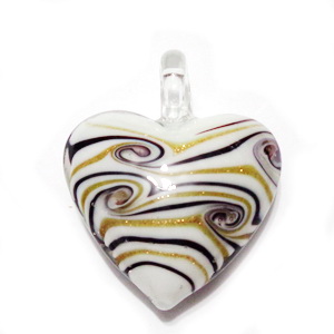 Pandantiv Murano, alb cu negru si glitter auriu, inima 45x39x17mm
