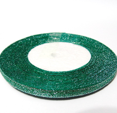 Organza verde inchis cu lurex argintiu, 7mm, rola 25 metri
