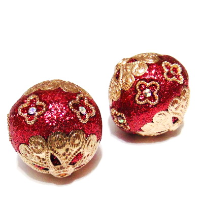 Margele indoneziene, rosu-metalizat cu strasuri ai accesorii aurii, 25x23mm