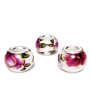 Margele tip Pandora, Lampwork, albe cu flori roz si auriu, 14.5x11mm, orificiu 5mm