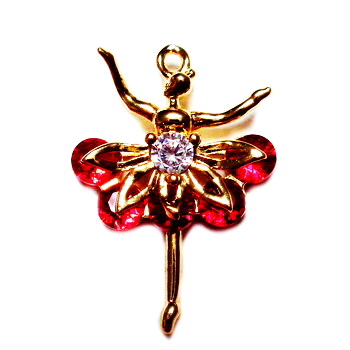 Pandantiv auriu, cu zirconiu rosu si transparent, balerina, 22x15x4.5mm