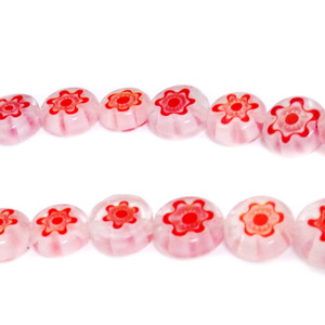Margele millefiori, albe cu flori rosii, plate, 8x4mm