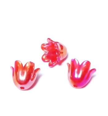 Flori plastic ABS, perlate, rosii cu reflexe AB, 11x11x8.5mm