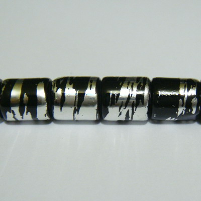Margele sticla cilindrice negre cu argintiu, 7x8 mm