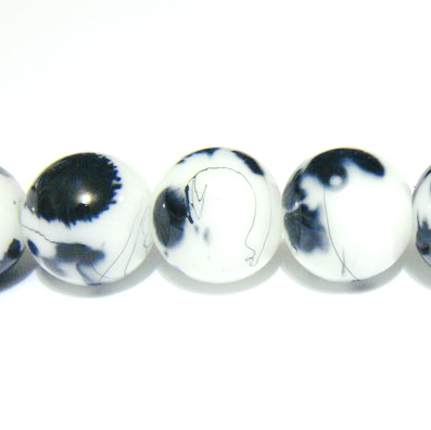 Margele sticla albe vopsite cu pete negre, 10mm