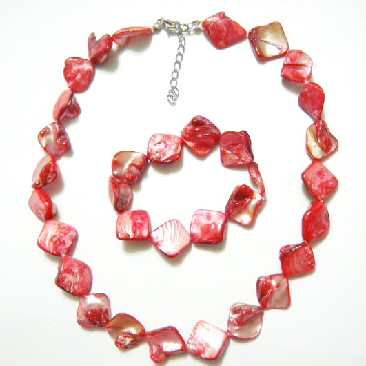 Colier si bratara perle sidef rosu, 15-18 mm
