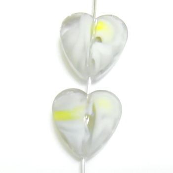 Margele sticla, lampwork, inima alb cu galben, 14x14x8mm