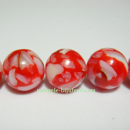 Perle sidef sferice, rosii cu alb, 12mm