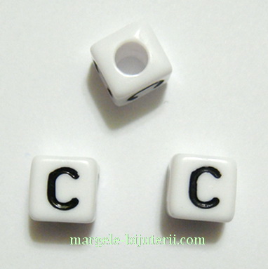 Margele alfabet, plastic alb, cubice 7x7x7mm, litera C