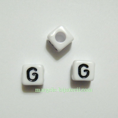 Margele alfabet, plastic alb, cubice 8x8x8mm, litera G