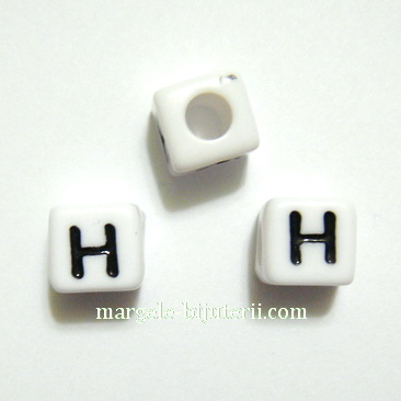 Margele alfabet, plastic alb, cubice 8x8x8mm, litera H