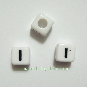 Margele alfabet, plastic alb, cubice 7x7x7mm, litera I