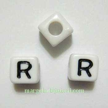 Margele alfabet, plastic alb, cubice 8x8x8mm, litera R