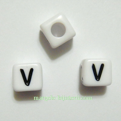 Margele alfabet, plastic alb, cubice 8x8x8mm, litera V