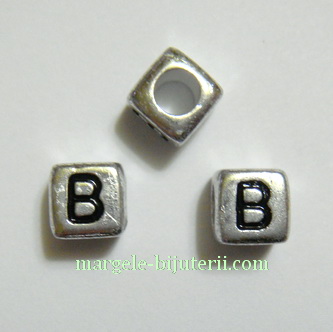 Margele alfabet, plastic argintiu, cubice 6x6x6mm, litera B