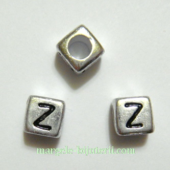 Margele alfabet, plastic argintiu, cubice 6x6x6mm, litera Z
