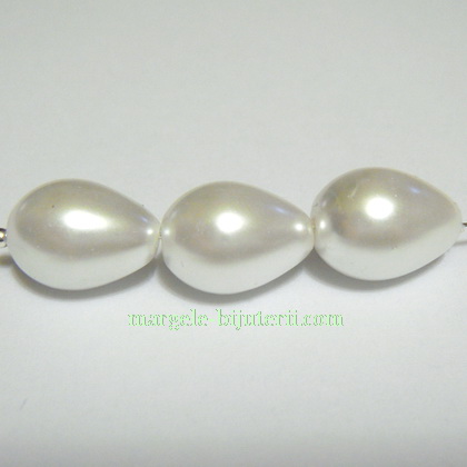 Perle sticla, albe, lacrima 14x10 mm
