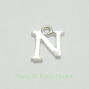 Pandantiv alfabet, argintiu inchis, 12x11x2mm, litera N