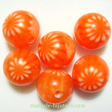 Margele rasina, portocaliu roscat cu floricele albe, 12mm