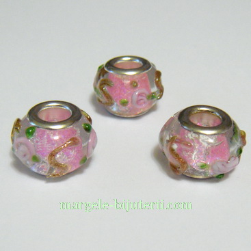 Margele sticla tip Murano, Pandora, roz cu gliter si floricele roz, 14x10mm