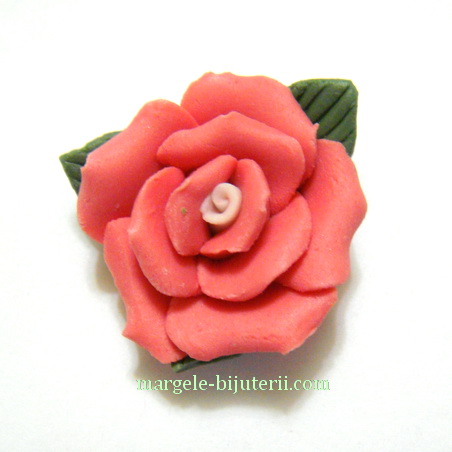 Margele portelan, lucrate manual, floare rosie, 23x11mm