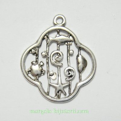 Pandantiv argintiu antichizat, cadru cu animale marine, 22x2mm