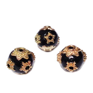 Margele indoneziene, negre, cu accesorii aurii, 11~12mm