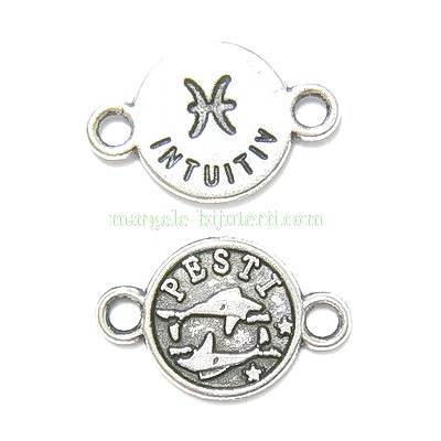 Conector/link argintiu antichizat, zodiac, PESTI, 15x10mm
