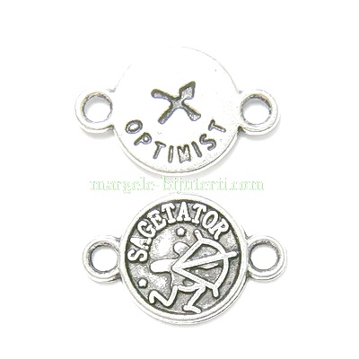 Conector/link argintiu antichizat, zodiac, SAGETATOR, 15x10mm