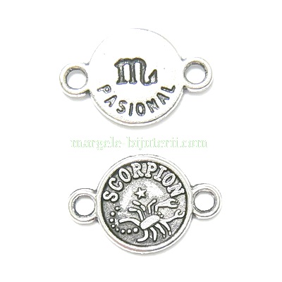 Conector/link argintiu antichizat, zodiac, SCORPION, 15x10mm