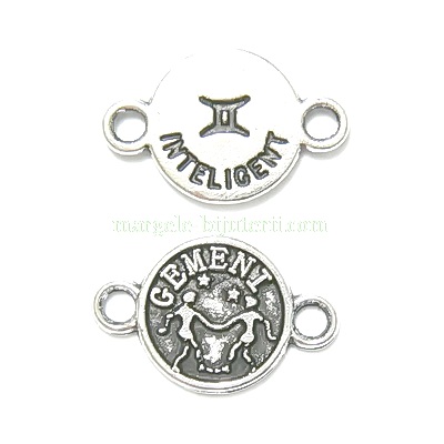 Conector/link argintiu antichizat, zodiac, GEMENI, 15x10mm