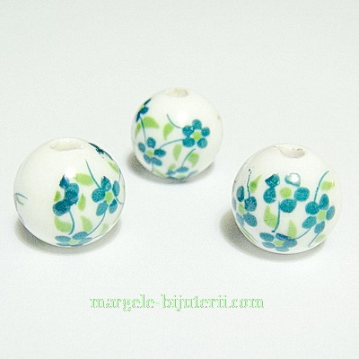 Margele portelan, albe, pictate cu flori verzi, 12mm
