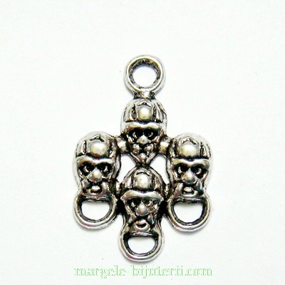 Conector/ link argintiu antichizat, 4cranii, 4orificii, 26x17mm