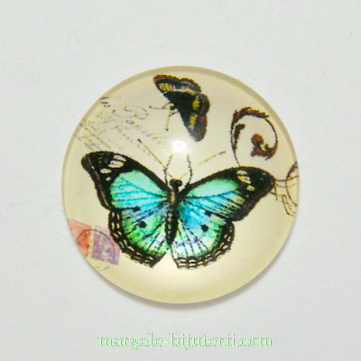 Cabochon sticla, 12mm, cu fluturas albastru