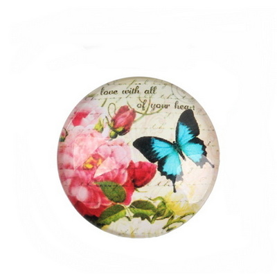 Cabochon sticla, 12mm, cu fluturas albastru si flori roz