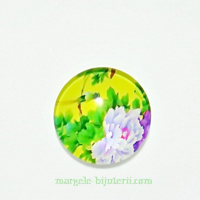 Cabochon sticla, cu flori, 14mm, model 6