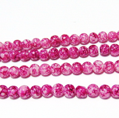 Margele sticla, sferice, albe cu fucsia, 6mm