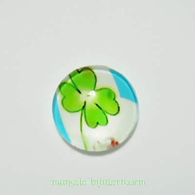 Cabochon sticla, cu trifoi, 12mm, model 19