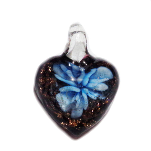 Pandantiv Murano negru cu floare , inima 27x20x11mm-buline aer in interior