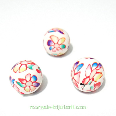 Margele fimo, albe cu flori,12`13 mm