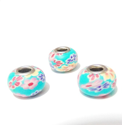 Margele tip Pandora din fimo, turcoaz cu flori, 10x16mm 