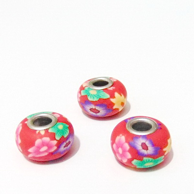 Margele tip Pandora din fimo, rosii cu flori, 10x16mm 