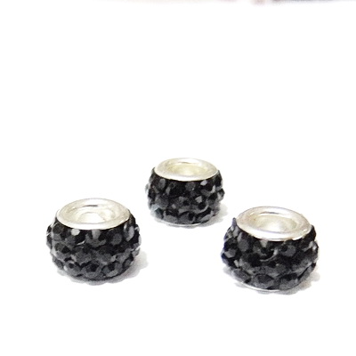 Margele fimo, tip Pandora,  rhinestone, negre, 11x7mm